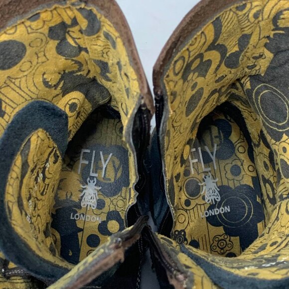 Fly London Sz 6.5 Yip Black Suede Leather Buckle Lace Up Block Heel Ankle Boots - Picture 13 of 15